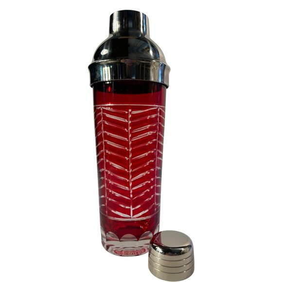 Rare Vintage MCM Red Cut to Clear Glass Cocktail Shaker Barware - Picture 1 of 7